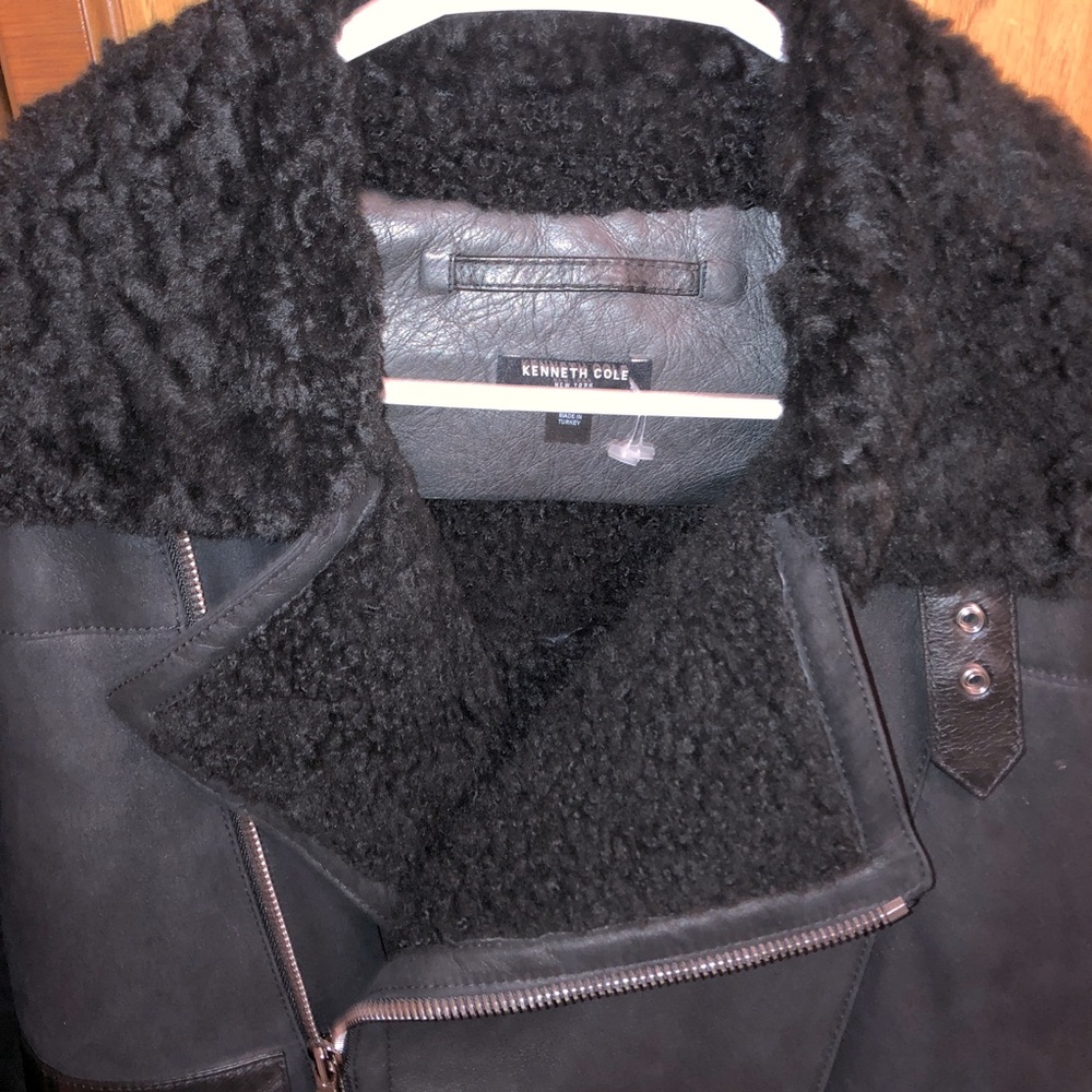 Real Shearling Kenneth Cole real genuine leather Moto biker jacket black S - Picture 2 of 6